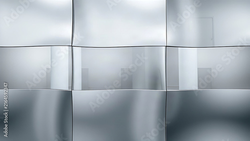 Curved metal plates reflecting a room in a minimalist composition.