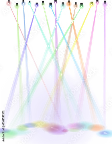 Colorful stage spotlights shining down on a white floor with vibrant light beams