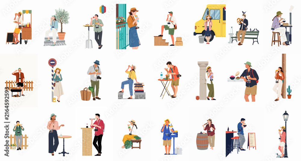 Fototapeta premium Collection of People Enjoying Street Food and Outdoor Activities in a Minimalist Vector Style