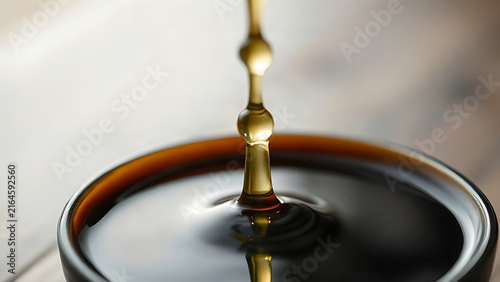 Citrus juice splashing into dark soy sauce, color contrast, minimalist composition.