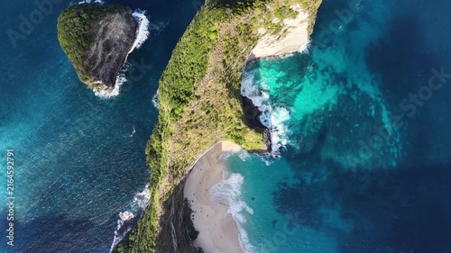 Aerial View of Kelingking Beach and T-Rex Cliff, Nusa Penida, Bali.