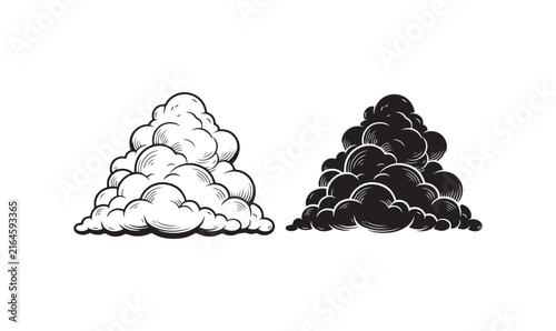 Black and white monochrome cumulus clouds set isolated on white background.