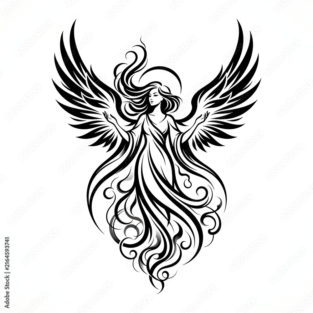 Fototapeta premium Elegant angel silhouette featuring flowing hair and majestic wings depicted in bold black tribal ink style