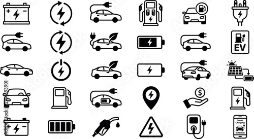 Comprehensive Electric Vehicle and EV Charging Icon Set with Symbols for Eco Car, Battery Power, Station Location, Solar Energy, and Clean Transport UI Graphic Designs