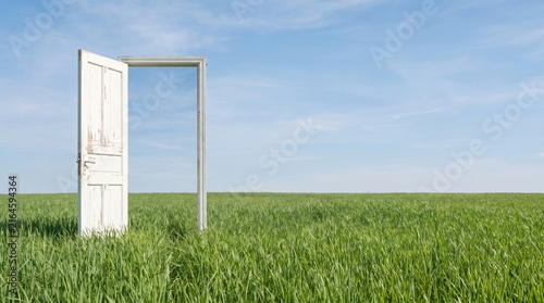 Door opened in grass to the sky