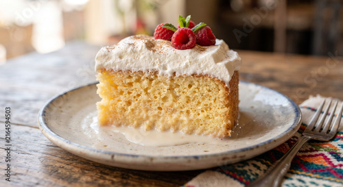  A vibrant, close-up photograph of a thick slice of Tres Leches cake on a ceramic plate, capturing a small pool of rich, sweet milk seeping out from the base of the delicate sponge cake.