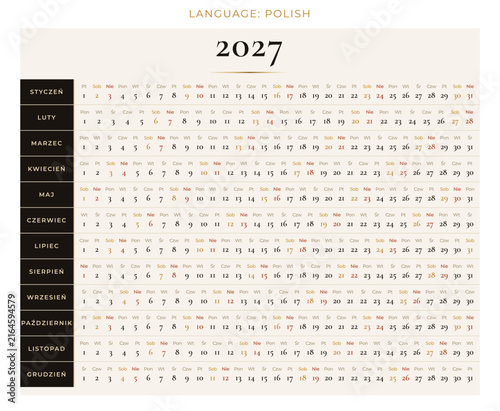2027 polish linear calendar planner with horizontal rows
