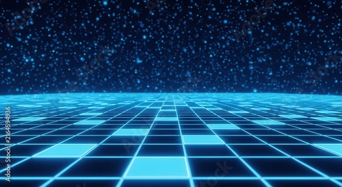 Abstract blue digital neon grid background with particles