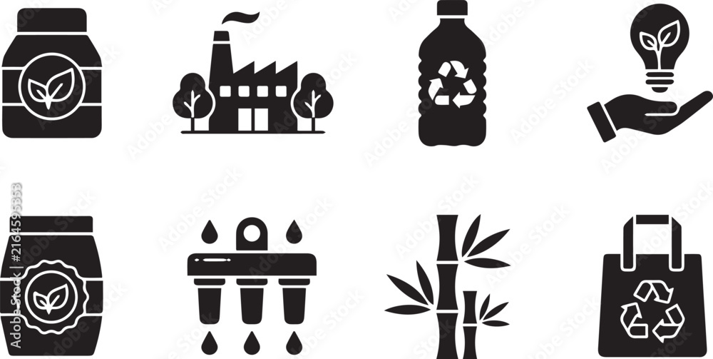 Naklejka premium Eco friendly, sustainable living, green energy, and recycling vector icons set
