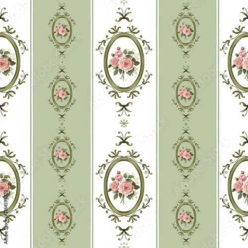 Classic vintage floral stripe pattern with pink rose bouquets in oval frames, olive scrollwork and sage green panels. Ideal for wallpaper, fabric, upholstery, stationery, packaging and home decor.