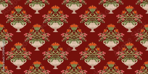 Seamless ethnic pattern featuring classical urn vases with orange lilies and pink flowers on a deep red background. Rich traditional textile, wallpaper, and wrapping paper design.