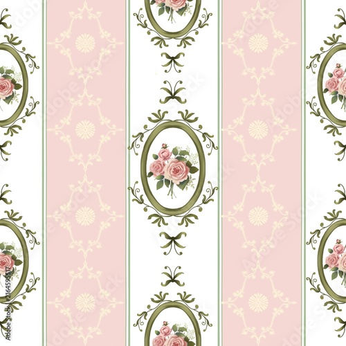 Romantic vintage floral stripe pattern with pink rose bouquets, olive scrollwork and blush pink ornamental panels. A refined classic design for wallpaper, fabric, stationery, packaging and home decor.