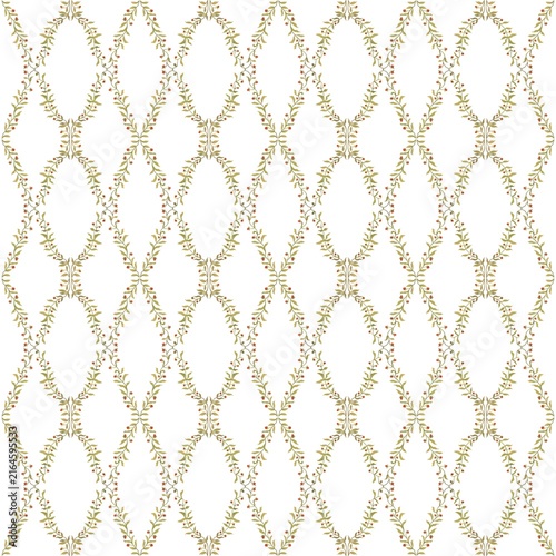 Seamless geometric floral pattern with delicate diamond trellis made of winding leafy vines and tiny red berries on white. Classic retro wallpaper and elegant textile design.