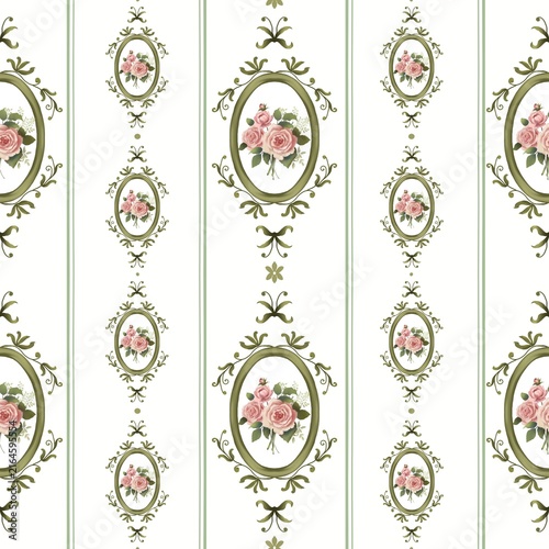Seamless pattern with vintage vertical stripes and elegant oval frames featuring pink roses. Retro romantic botanical background for wallpaper, textile, and wrapping paper design.