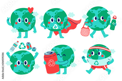 Cute Earth globe mascot character set promoting recycling eco friendly habits zero waste and save the planet concept. Cute doodle vector illustration isolated on white background