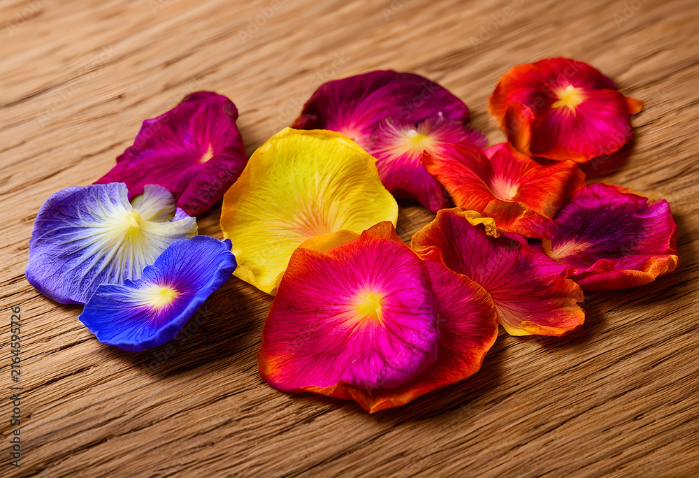 Fototapeta premium Floral beauty and natural elegance, colorful flower petals scattered on a rustic wooden background, vibrant botanical composition
