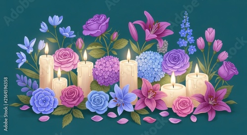 Beautiful floral arrangement with glowing candles digital