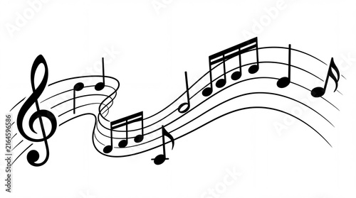 Flowing black musical stave with treble clef and various rhythm notes creating elegant melodic curves artistic design on white background