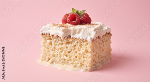 A clean, studio-lit commercial photograph of a single slice of Tres Leches cake isolated against a solid pastel-pink background, emphasizing its creamy white layers and light, airy structure.