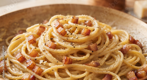 A hyper-realistic macro photograph focusing on strands of al dente spaghetti peppered with coarse flakes of freshly cracked black pepper and small cubes of crispy, golden guanciale.