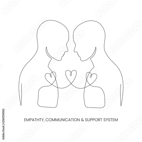 Continuous Line Art of Two People Connected by Hearts – Empathy and Mental Support Concept Illustration
