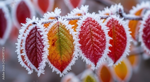 Colorful autumn leaves covered in delicate morning frost