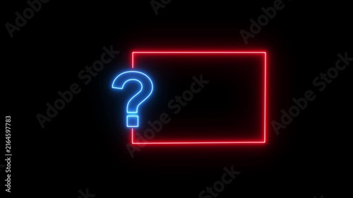 Question mark neon sign light on black background. Quiz trivia game competition. blue neon question mark frame for quizzes and FAQs. Game announcement neon message. Answer question, Examination test.