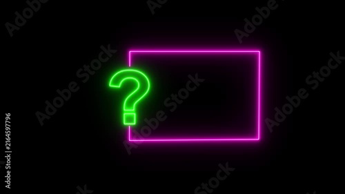 Question mark neon sign light on black background. Quiz trivia game competition. green neon question mark frame for quizzes and FAQs. Game announcement neon message. Answer question, Examination test.