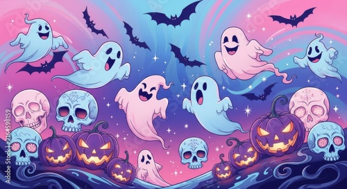 Cute cartoon Halloween ghosts pumpkins and skulls