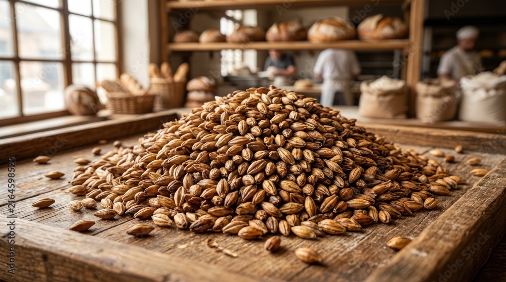 Obraz premium Abundant Pile of Grains on a Rustic Wooden Table in a Bakery.