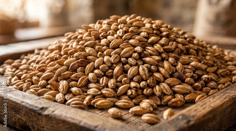 Obraz premium Closeup of a large pile of raw barley grains in a wooden crate.