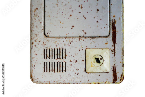 Vintage rusty electrical intercom panel with a built-in socket on a transparent PNG background. industrial texture backgrounds
