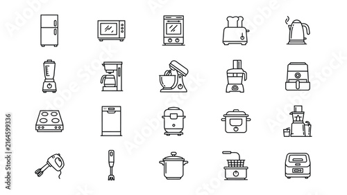 Collection of kitchen appliances and tools illustrated in simple line art style