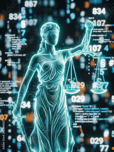 Holographic Lady Justice holding scales with paragraph symbol and digital code