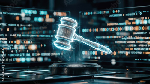 Holographic judge gavel on wooden base surrounded by glowing digital code