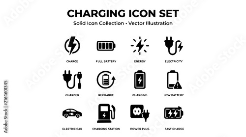 Charging Icon Set Battery Energy Charger Recharge Electric Car Station Solid Vector Collection