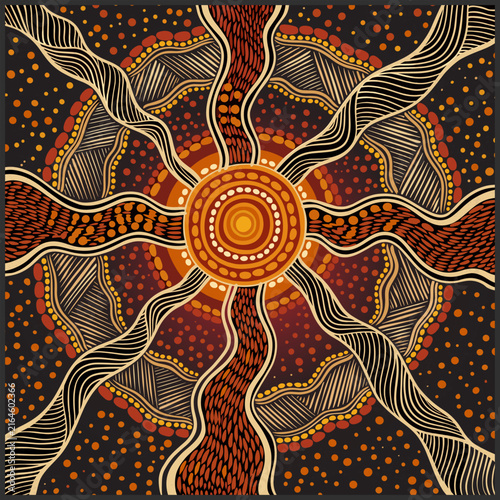 Aboriginal Inspired Dot Art Sun with Organic Wavy Lines and Earth Tone Pattern