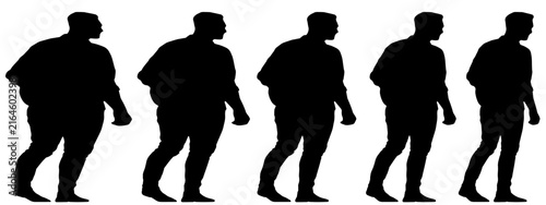 Conceptual fat overweight obese man vs slim fit healthy body after weight loss or diet, white background banner. A  fitness, nutrition or obesity, health care shape illustration vector as silhouettes