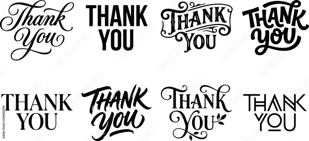 Fototapeta premium A collection of creative thank you typography bunuel set featuring diverse hand lettered styles for greeting cards and artistic projects