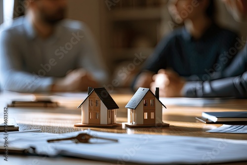 Model houses and legal documents on a conference table, symbolizing divorce, property division and financial settlement.
