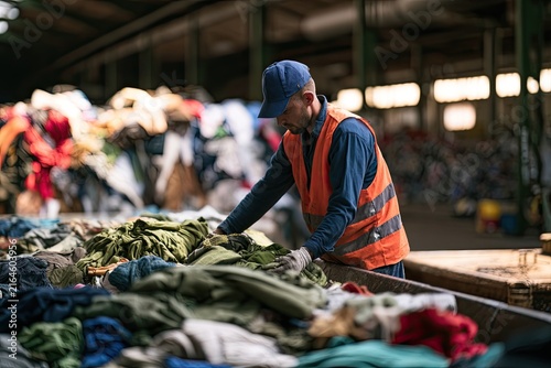 Worker sorting used clothing by color and material on a warehouse table, highlighting textile recycling and circular fashion.