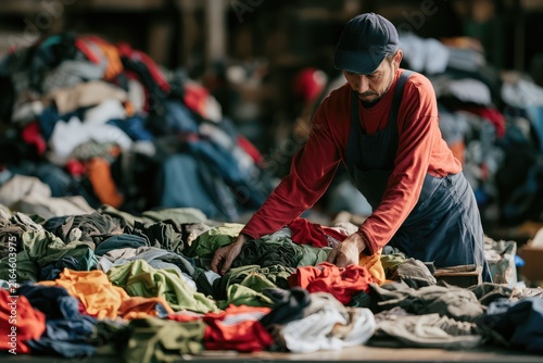 Worker sorting used clothing by color and material on a warehouse table, highlighting textile recycling and circular fashion.