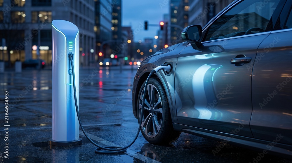 Fototapeta premium Electric Car Charging at Modern Station During Night