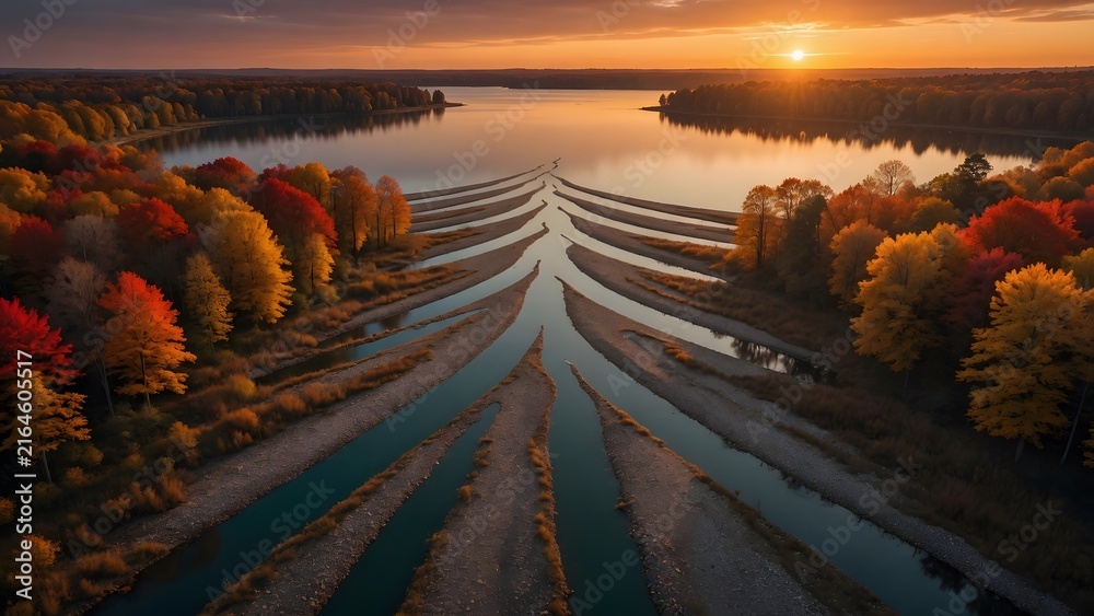 Fototapeta premium Autumn landscape with colorful foliage surrounding a branching freshwater delta flowing into a sunset lake, Environment: fan-shaped network of channels, woodland edges, gravel bars and calm reflective