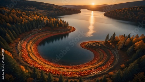 Autumn landscape with brilliant fallen leaves naturally following a spiral-shaped shoreline around a sunset lake, Environment: uniquely curved lakeside featuring layered woodland and sculpted terrain,