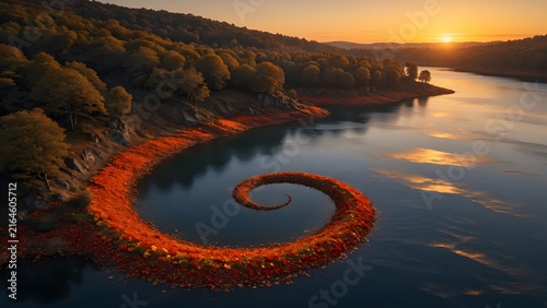 Autumn landscape with brilliant fallen leaves naturally following a spiral-shaped shoreline around a sunset lake, Environment: uniquely curved lakeside featuring layered woodland and sculpted terrain,