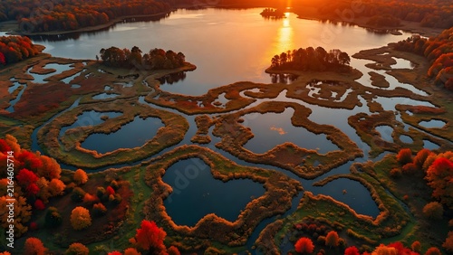 Autumn landscape with brilliant autumn leaves bordering a mosaic of marsh pools connected to a sunset lake, Environment: intricate wetlands filled with organic waterways, grasses and scattered woodlan