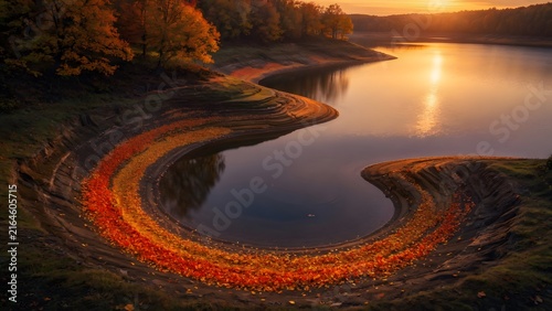 Autumn landscape with brilliant fallen leaves naturally following a spiral-shaped shoreline around a sunset lake, Environment: uniquely curved lakeside featuring layered woodland and sculpted terrain,