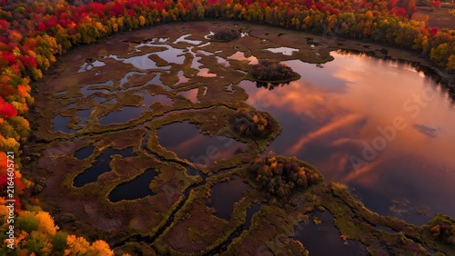 Autumn landscape with brilliant autumn leaves bordering a mosaic of marsh pools connected to a sunset lake, Environment: intricate wetlands filled with organic waterways, grasses and scattered woodlan
