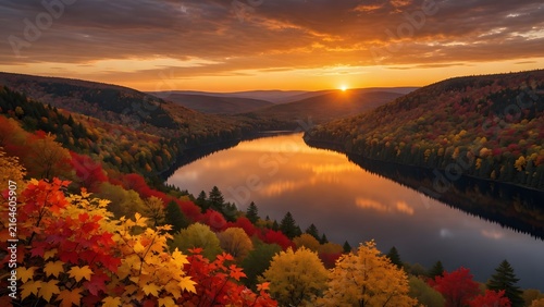 Autumn landscape filled with scarlet and golden leaves surrounding a calm lake during sunset, Environment: spacious valley enclosed by forested hills with mirror-like water and open western horizon, L